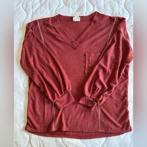 NWOT BiBi Oversized Waffle-Knit Long-sleeve Top in Rich Heather Red - size XL